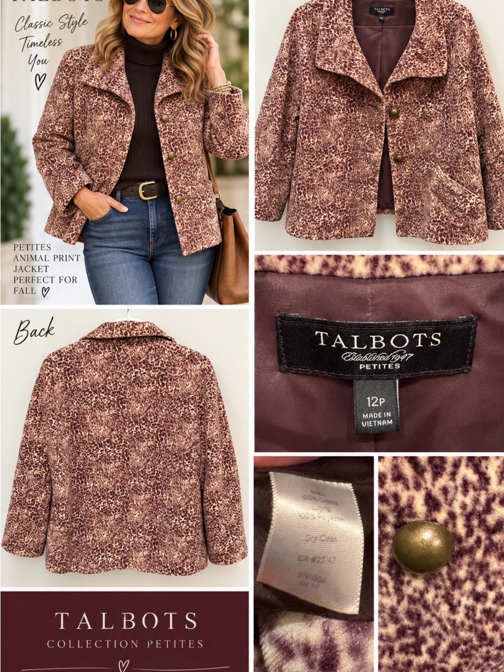 Talbots Petites Brown and Cream Animal Print Blazer Jacket